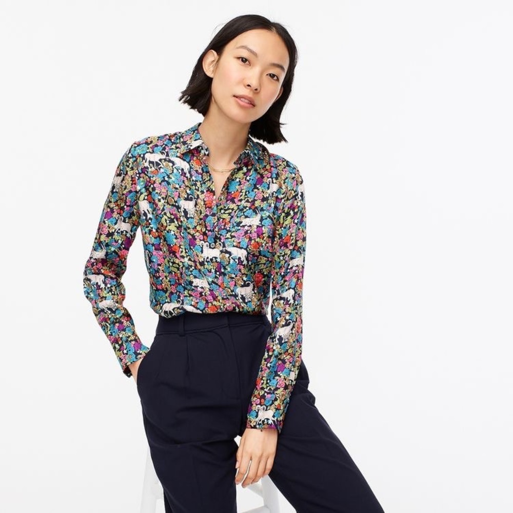 J. Crew Collection Silk Twill Button Down Shirt Grazing Goats Print 12